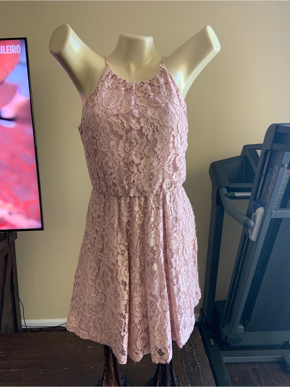 & Other Stories Dusty Rose Lace Halter Mini Dress